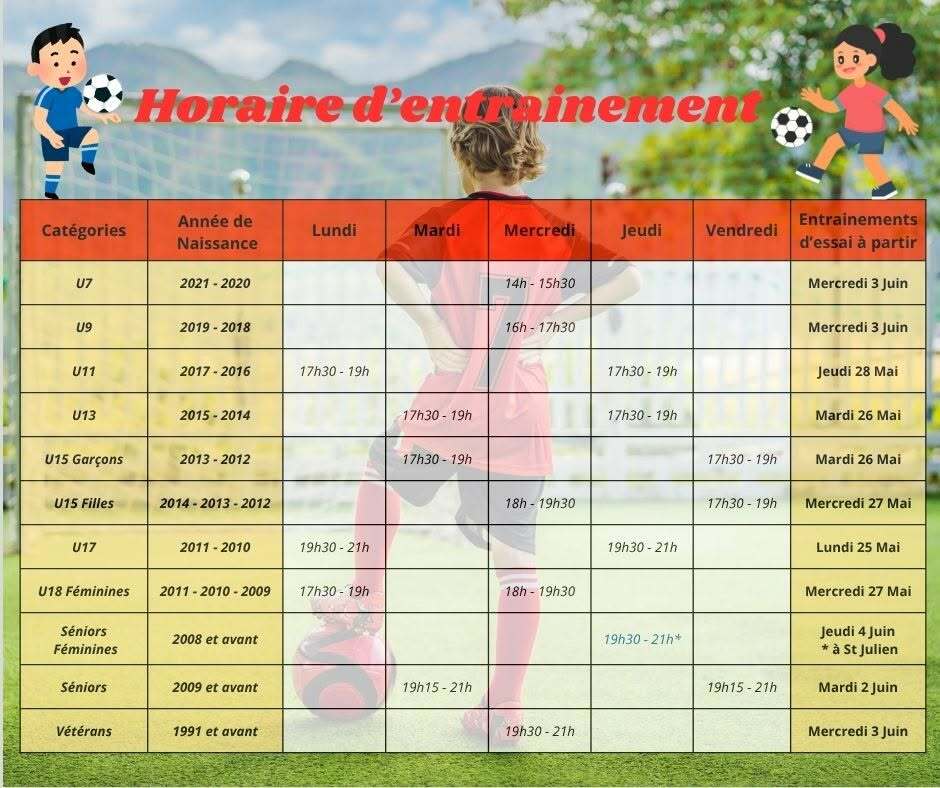 Horaire d'entrainement de juin
