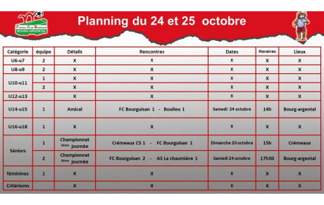 planning du 24 et 25 octobre